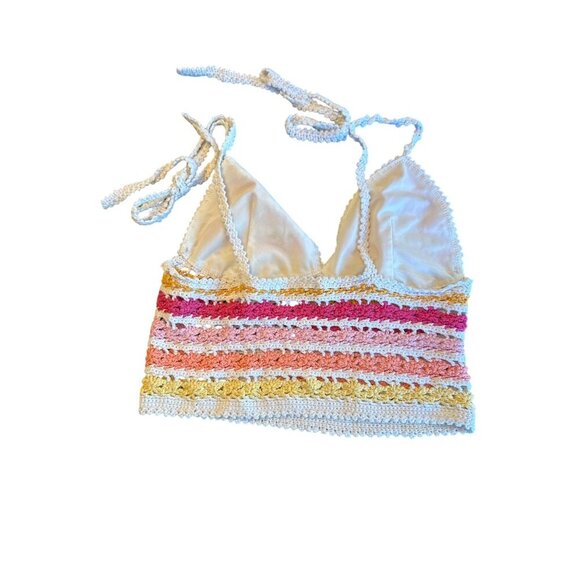Crochet Knit Halter Striped Adjustable Ties Festival Summer Size S Multicolor - Picture 3 of 4